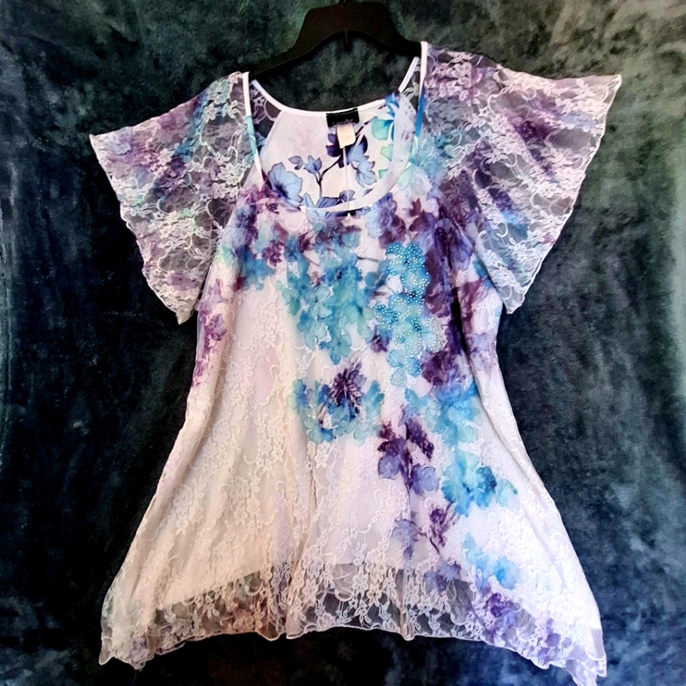 Brittany Black Tunic Top, White Purple & Green 2X